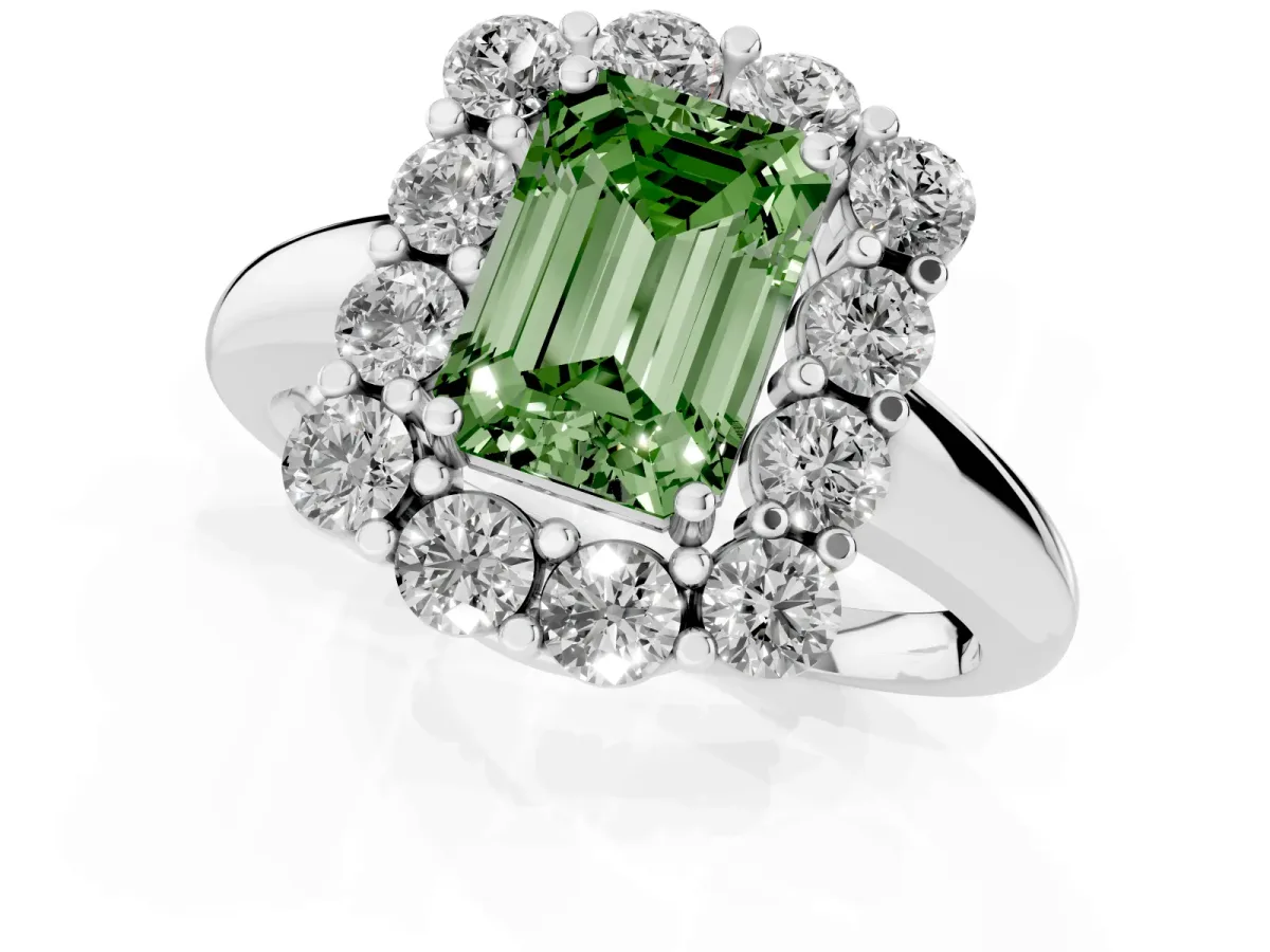 Fancy Green Emerald Cut Halo Cluster Diamond Engagement Ring with Prong Setting and Polished Band Platinum