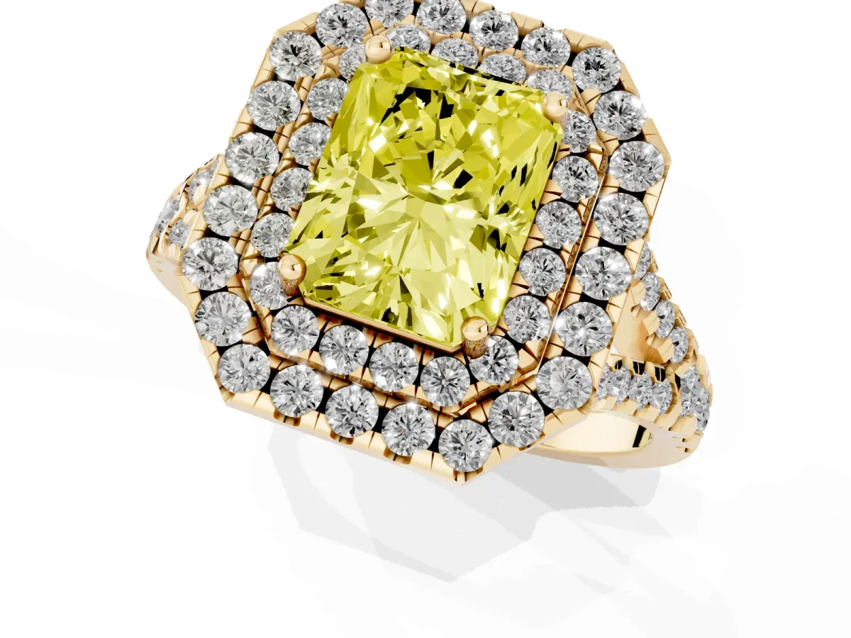 Fancy Yellow Double Halo Radiant Cut Diamond Pavé Split Shank Ring with Prong Setting Yellow gold