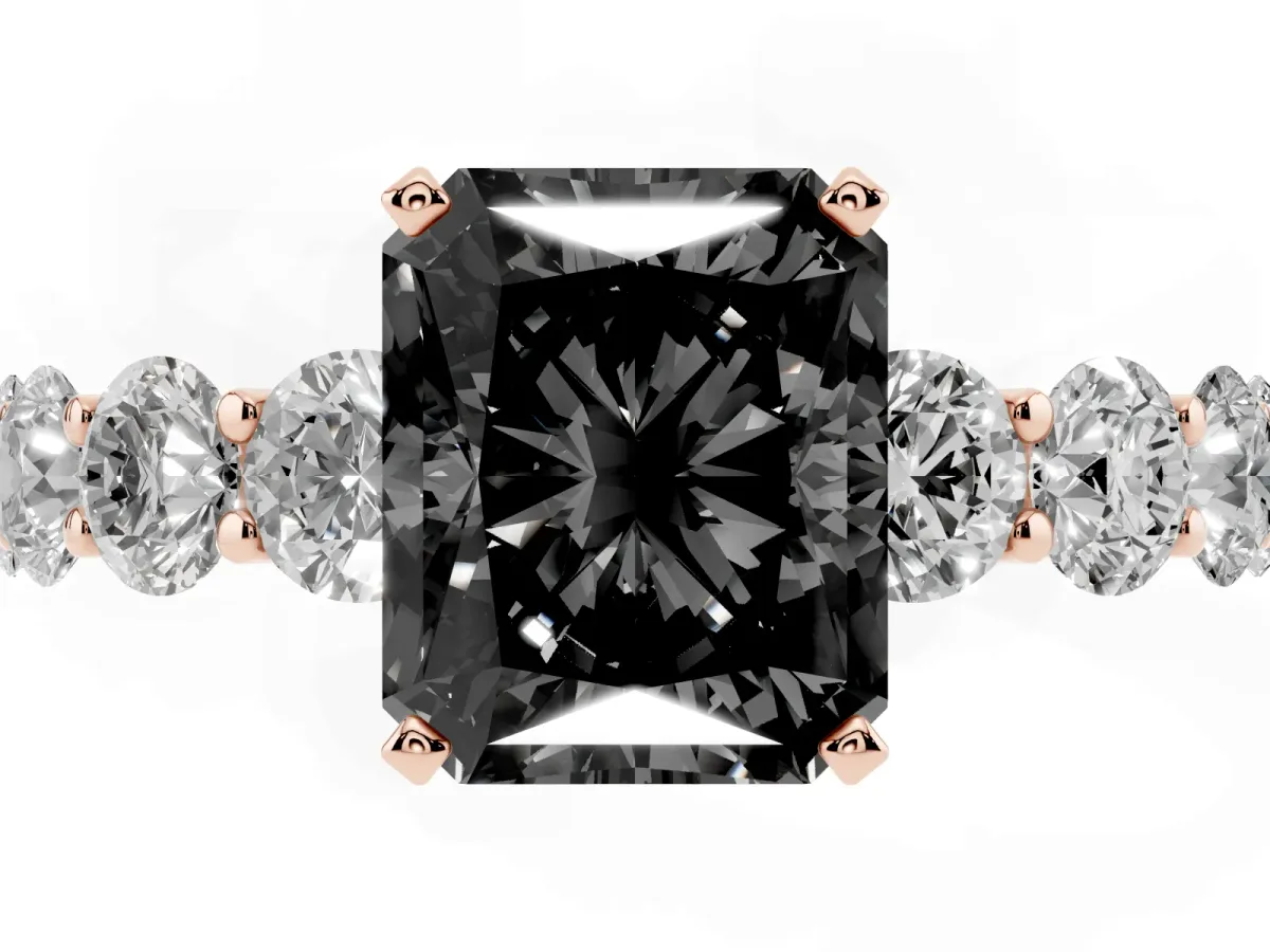 Fancy Black Radiant Cut Diamond Prong Setting with Side Stones on a Pave Band Rose gold