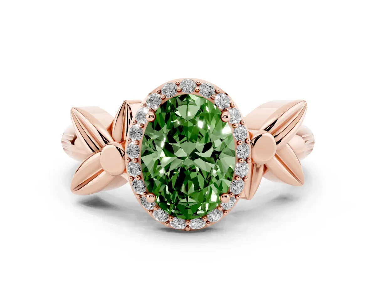 Fancy Green Oval Cut Halo Diamond Floral Band with Four-Prong Setting Rose gold