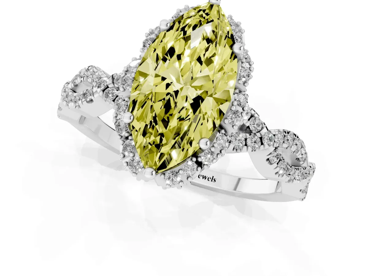 Fancy Yellow Marquise Cut Halo Twist Band Solitaire Ring with Six-Prong Setting Silver