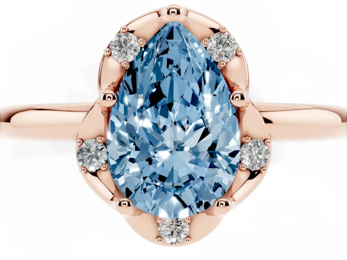 Fancy Blue Pear Cut Halo Diamond Ring with Round Cluster Setting, Solitaire Band, and Four-Prong Setting Rose gold
