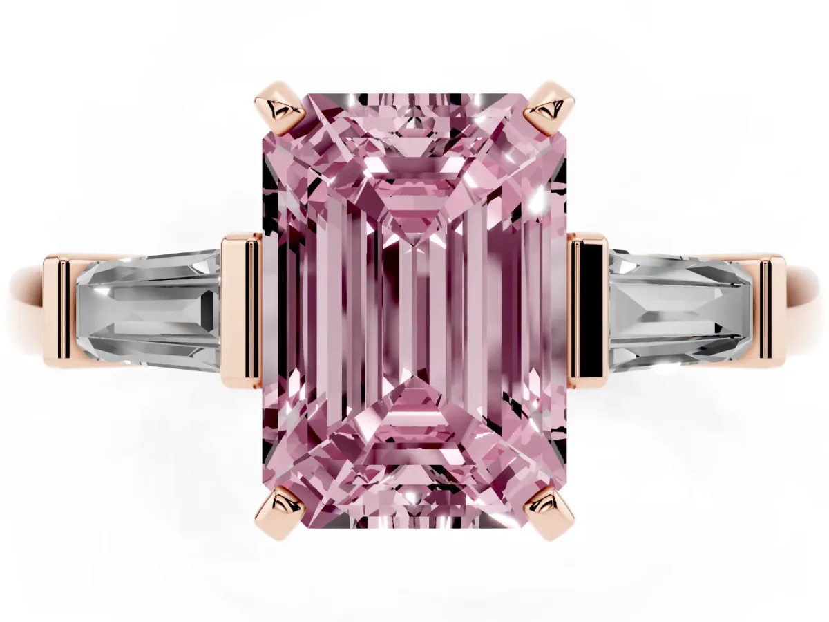 Fancy Pink Emerald Cut Cut Diamond Solitaire Ring with Tapered Baguette Accents and Four-Prong Setting Rose gold