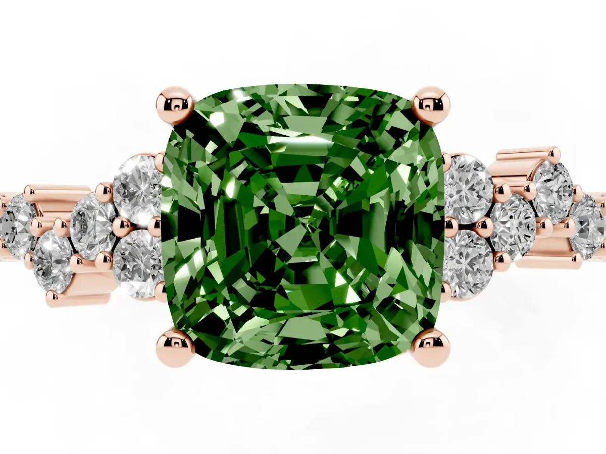 Fancy Green Cushion Cut Diamond Scattered Round Accent Ring with Prong Setting Rose gold