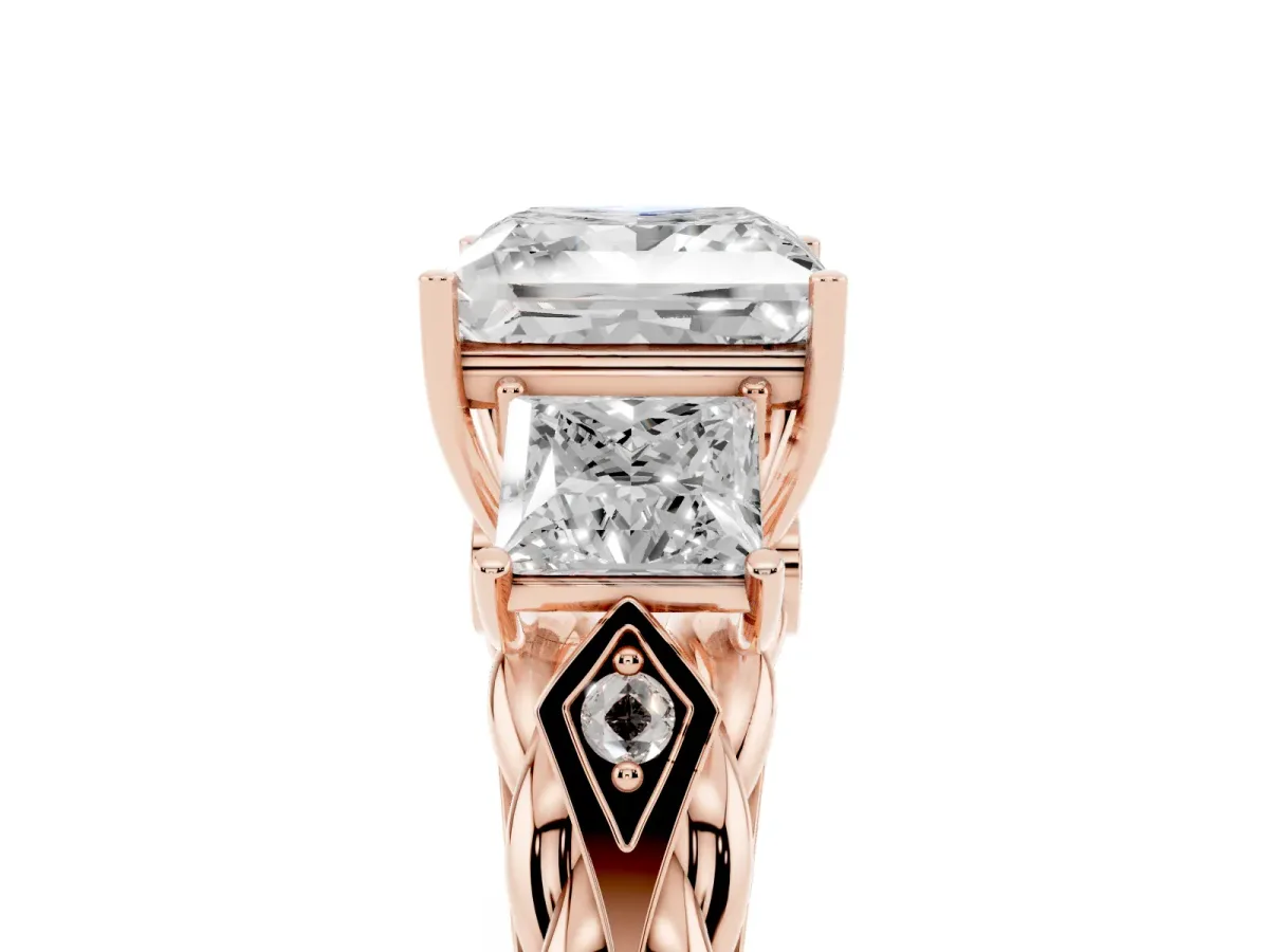 Three-Stone Princess Cut Diamond Braided Band Ring with Four-Prong Setting Rose gold