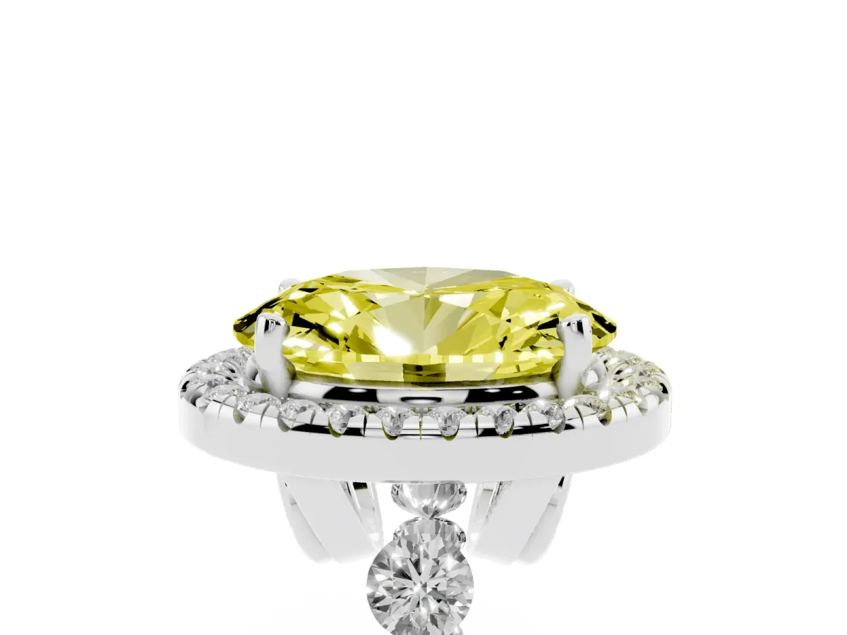 Fancy Yellow Oval Cut Halo Pavé Diamond Engagement Ring with Four-Prong Setting White gold