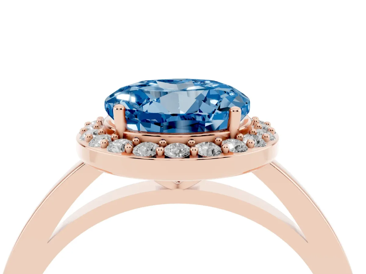 Fancy Blue Round Cut Halo Diamond Ring with Solitaire Band and Prong Setting Rose gold
