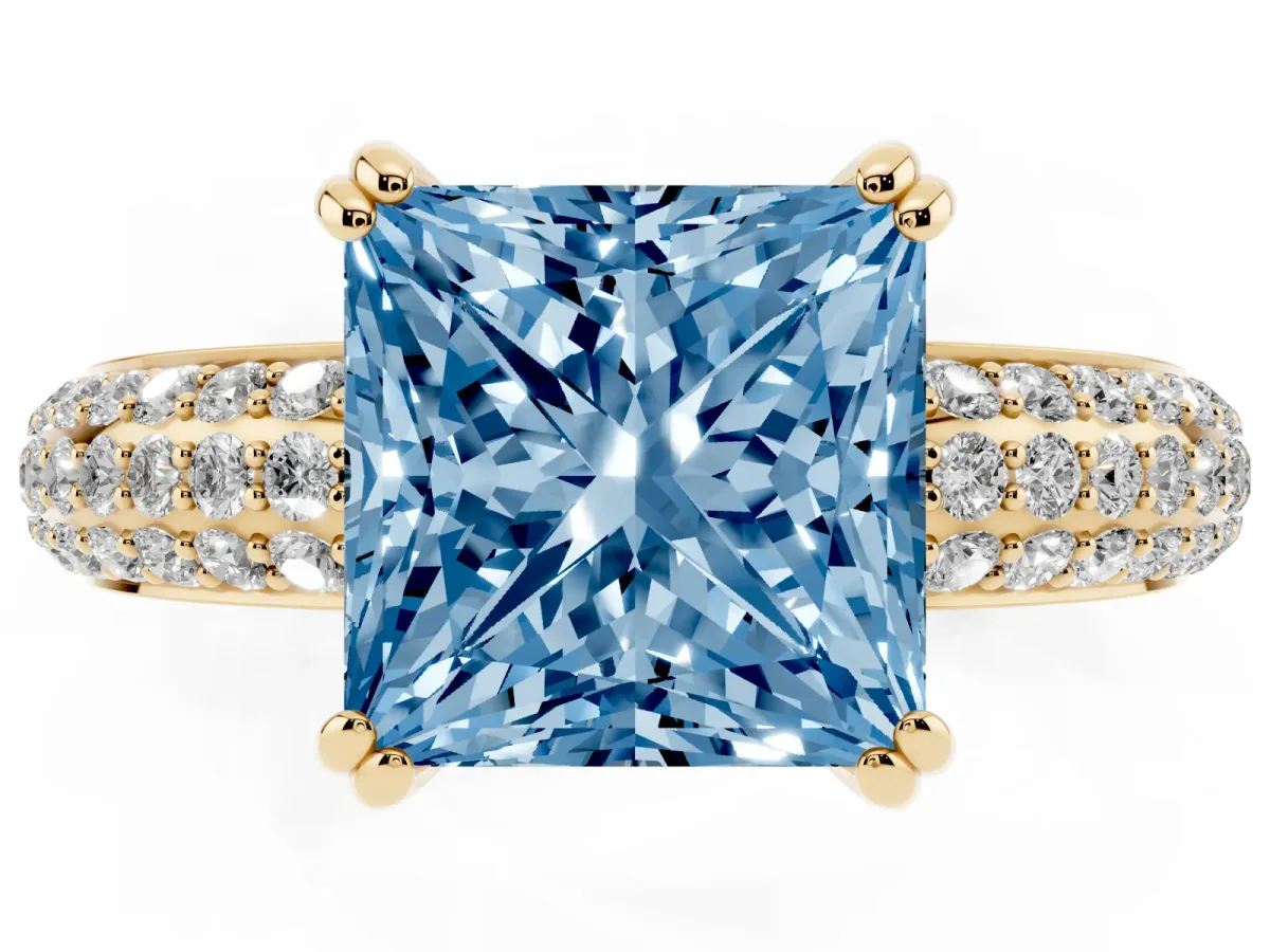 Fancy Blue Princess Cut Diamond Solitaire Ring with Multi-Row Round Pavé Band and Prong Setting Yellow gold