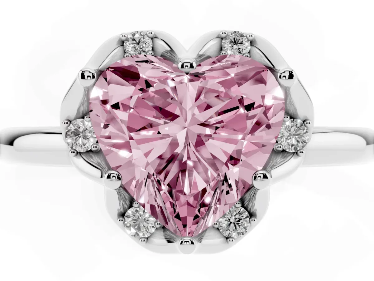 Fancy Pink Heart Cut Halo Diamond Ring with Round Cluster Setting, Solitaire Band, and Four-Prong Setting Silver