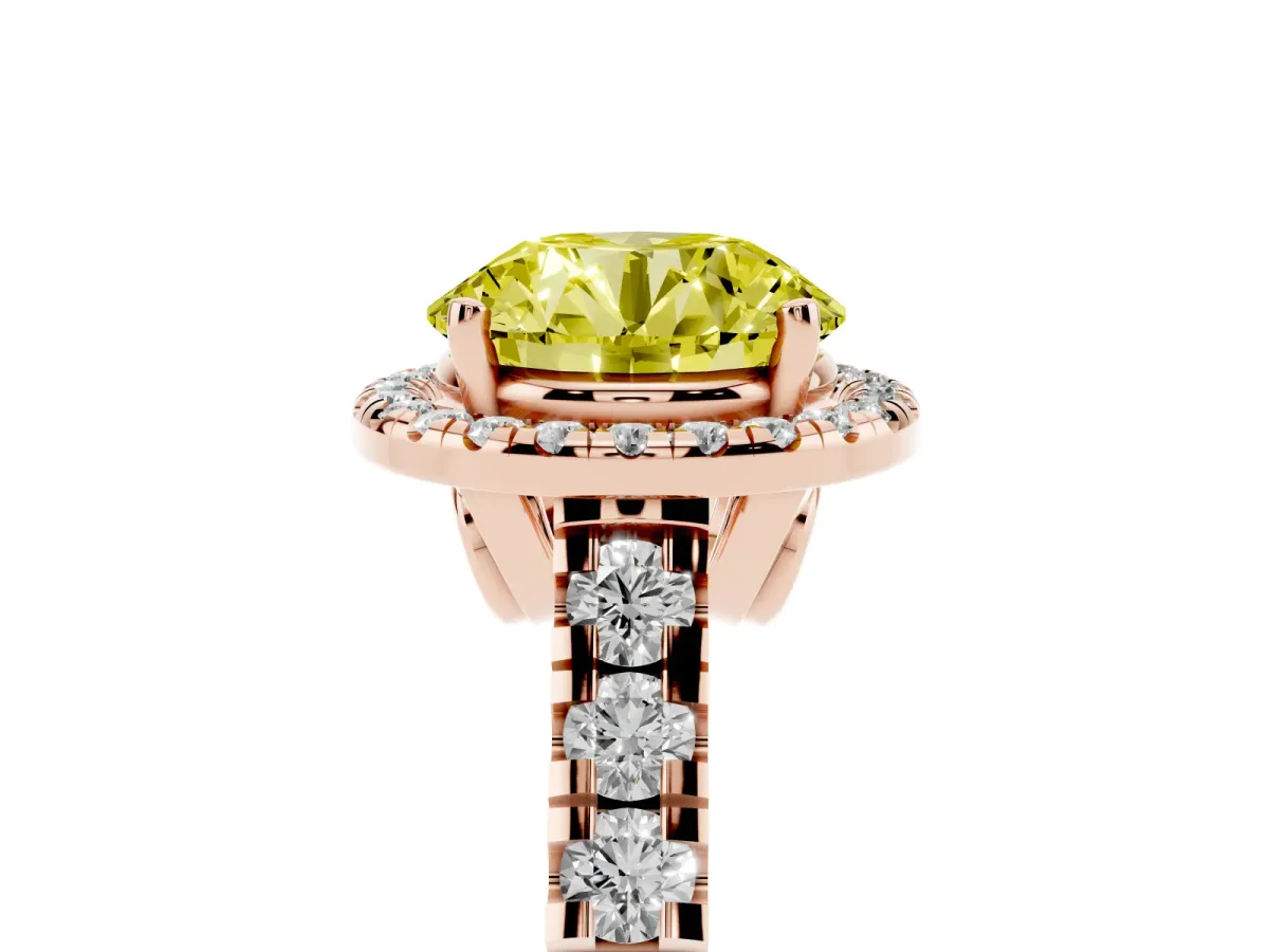 Fancy Yellow Round Cut Halo Pavé Diamond Engagement Ring with Four-Prong Setting Rose gold