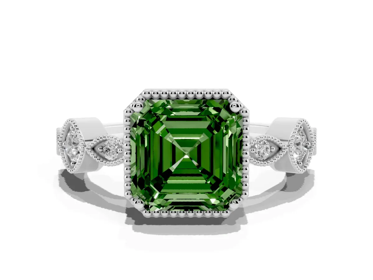 Fancy Green Asscher Cut Diamond Vintage Milgrain Ring with Round Stations Silver