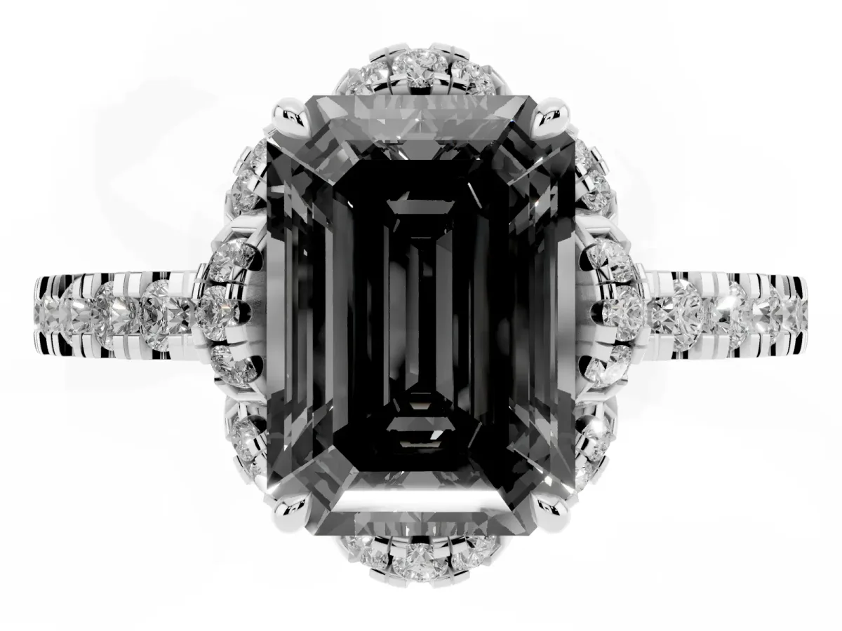 Fancy Black Emerald Cut Diamond Halo Pave Band with Four-Prong Setting Silver