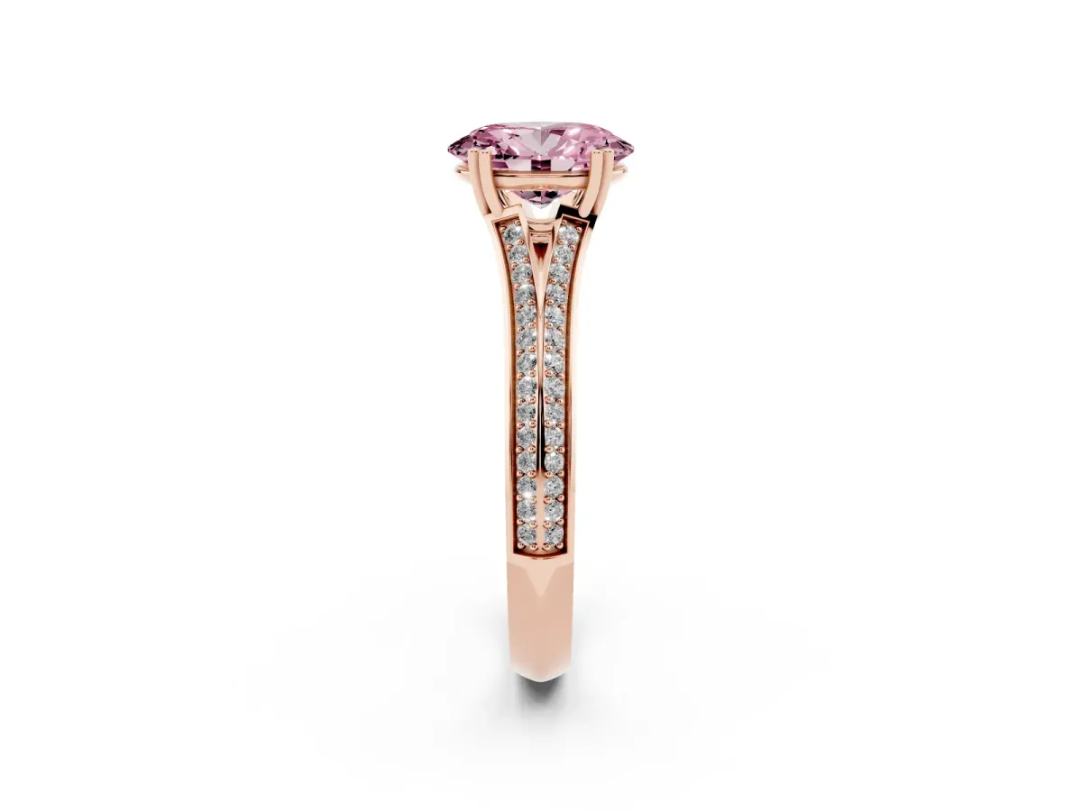 Fancy Pink Oval Cut Diamond Split Shank Engagement Ring with Pavé Band Rose gold