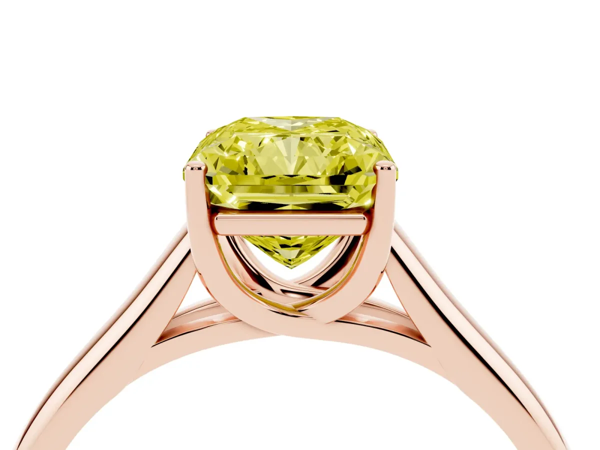 Fancy Yellow Radiant Cut Solitaire Engagement Ring with Tapered Band and Four-Prong Setting Rose gold