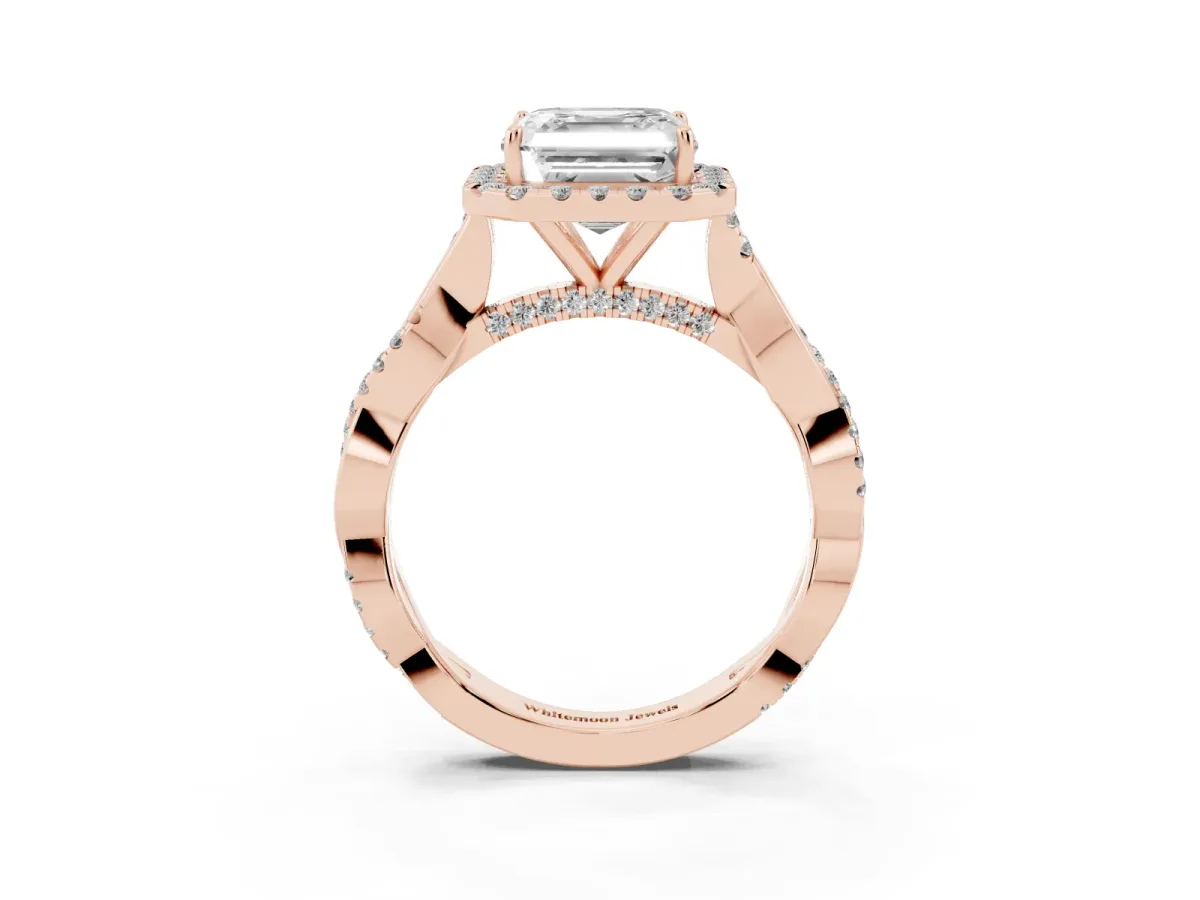 Asscher Cut Halo Twist Band Solitaire Ring Rose gold