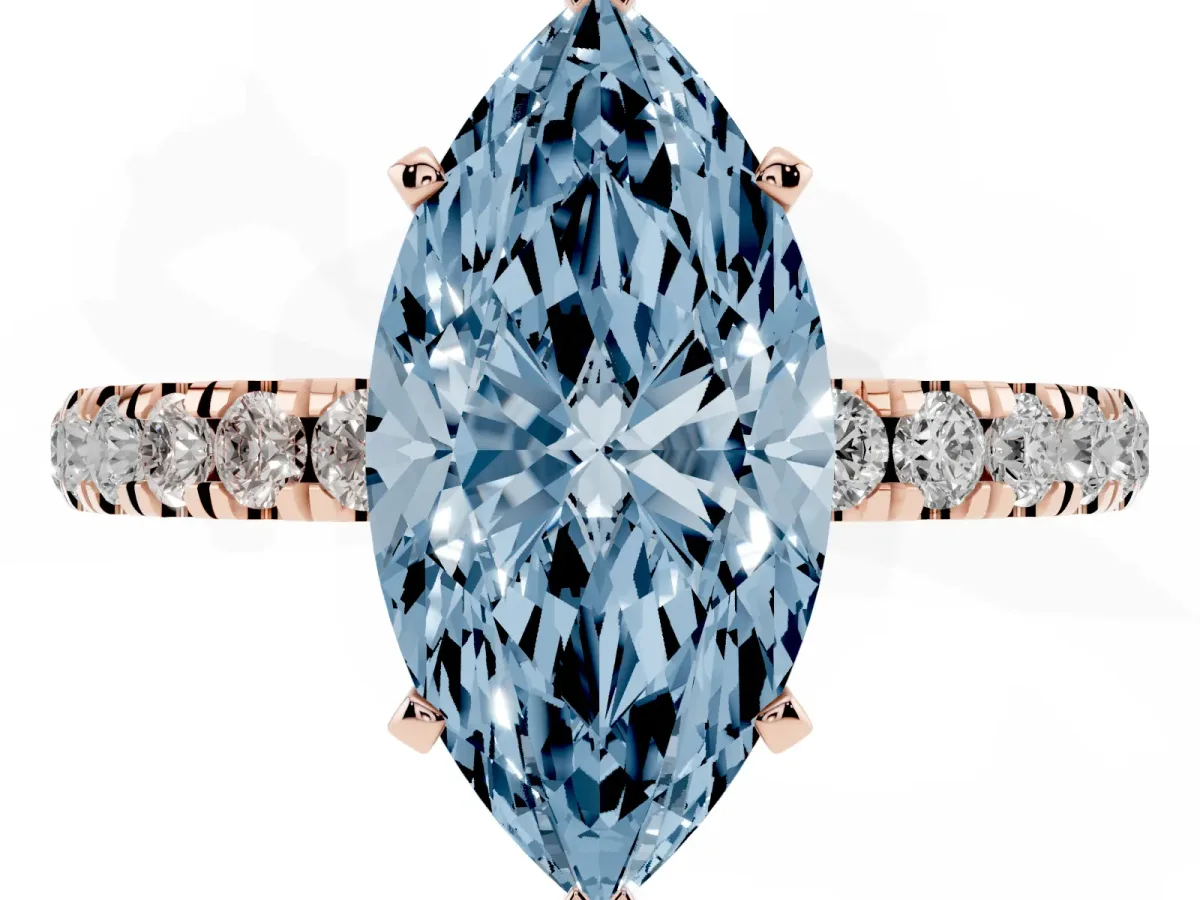 Fancy Blue Marquise Cut Diamond Solitaire Ring with Pavé Accents and Four-Prong Setting Rose gold