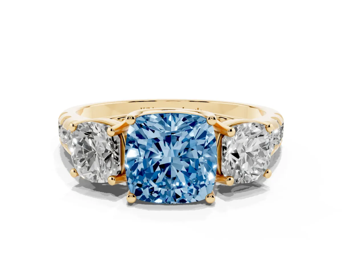 Fancy Blue Three-Stone Cushion Cut Diamond Pavé Band with Prong Setting Yellow gold