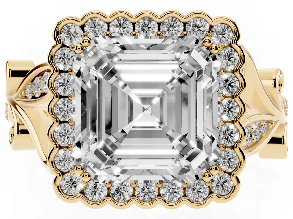 Asscher Cut Diamond Halo Ring with Vintage Split Shank and Four-Prong Setting Yellow gold