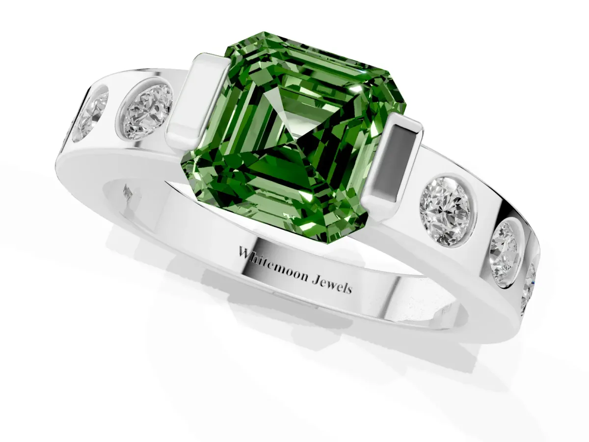 Fancy Green Asscher Cut Brilliant Channel-Set Diamond Ring with Bezel Prong Setting Silver