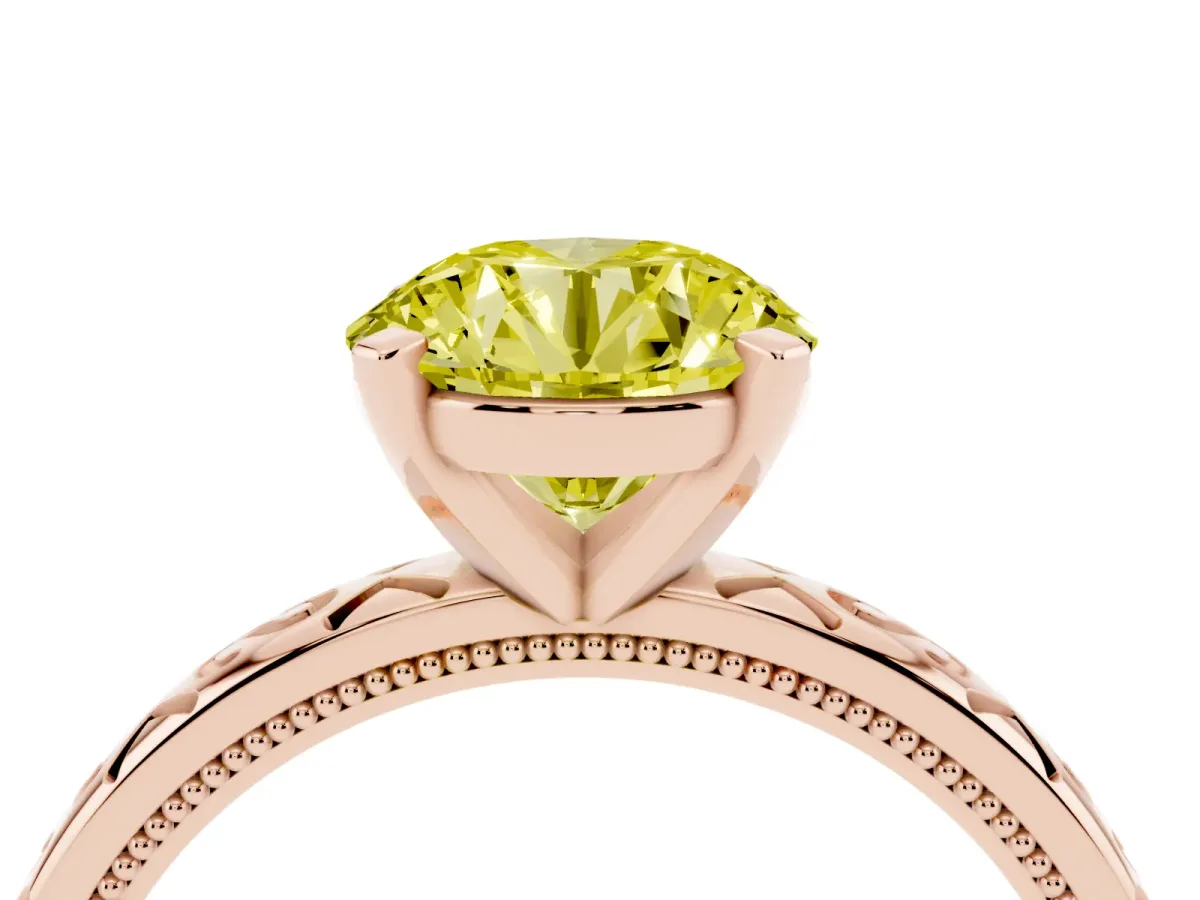 Fancy Yellow Round Cut Solitaire Engagement Ring with Scrollwork Band and Four-Prong Setting Rose gold