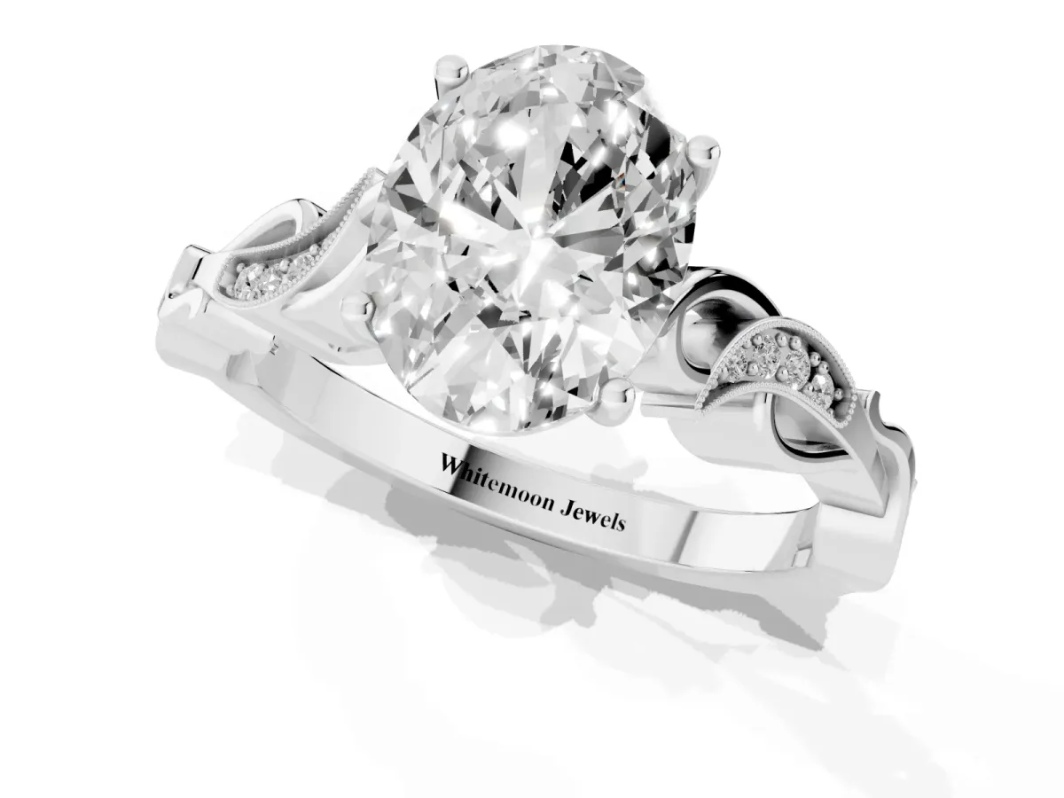 Oval Cut Solitaire Vine Band with Milgrain Prong Setting White gold