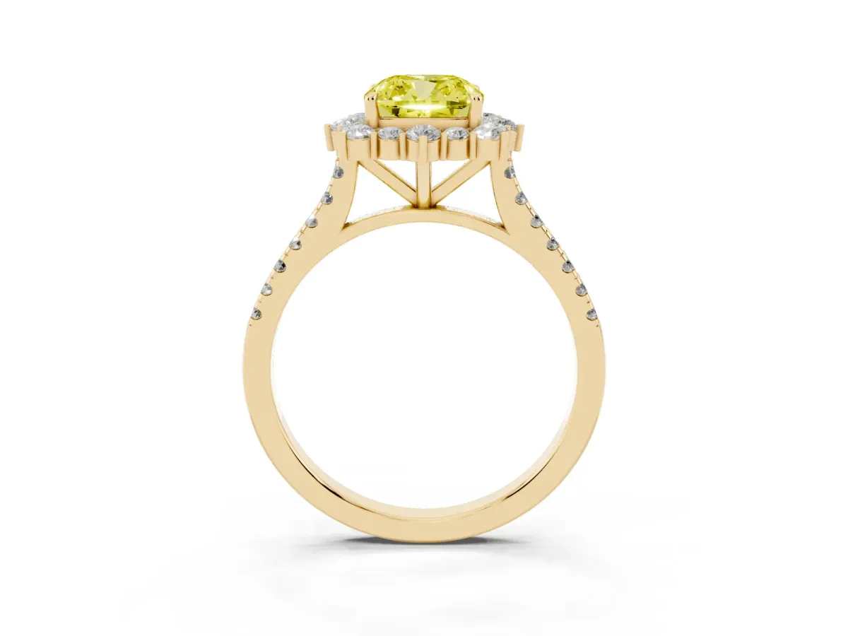 Fancy Yellow Cushion Cut Halo Diamond Ring with Pavé Band and Prong Setting Yellow gold