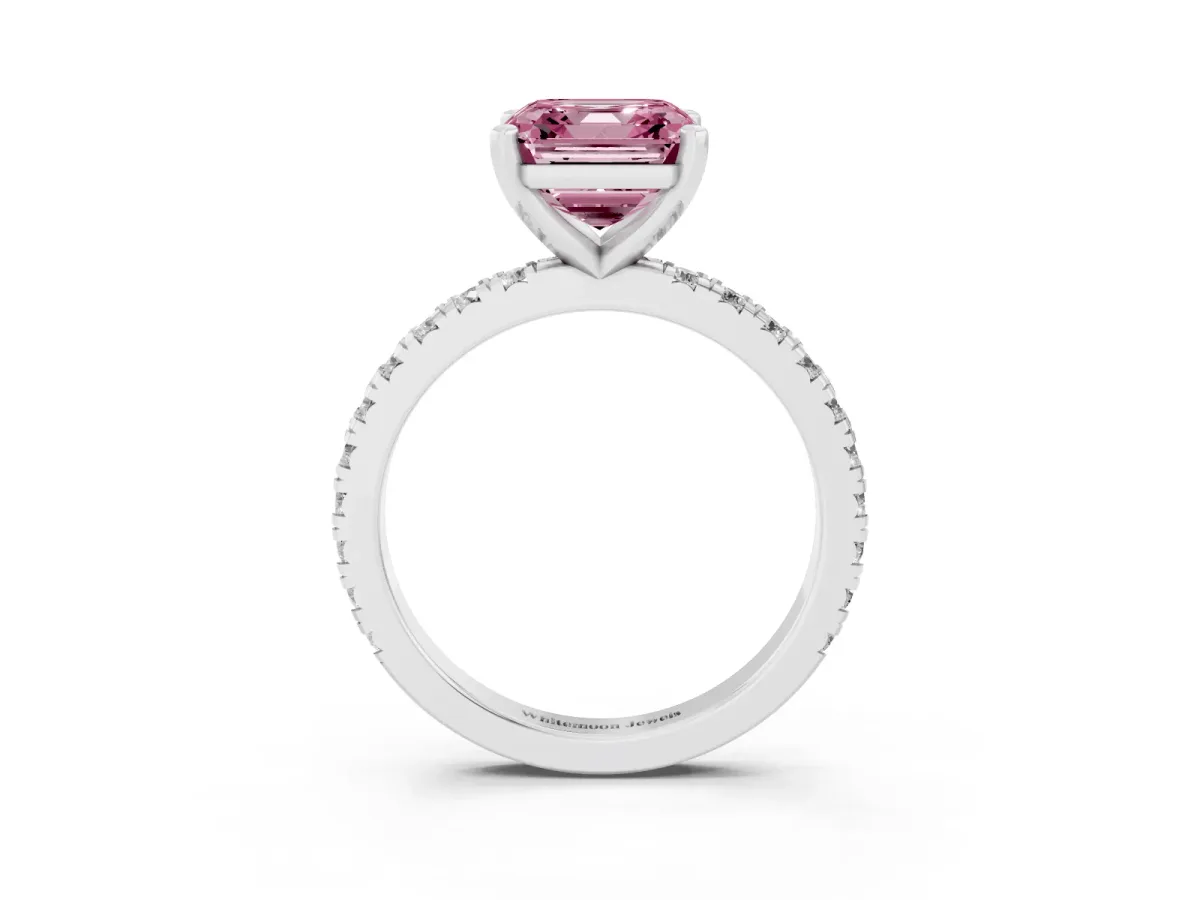 Fancy Pink Asscher Cut Diamond Pavé Band Solitaire with Four-Prong Setting Silver