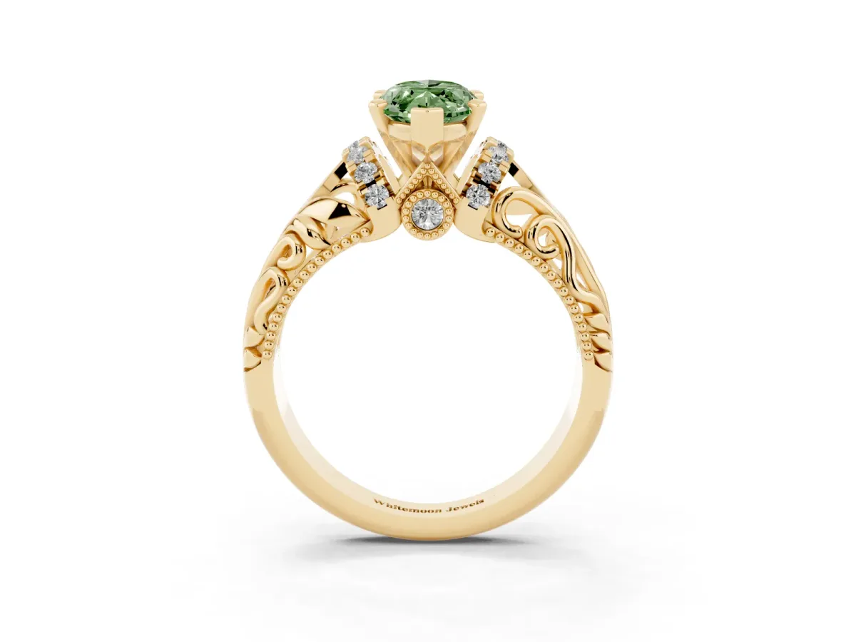 Fancy Green Marquise Cut Solitaire Filigree Engagement Ring with Halo and Prong Setting Yellow gold