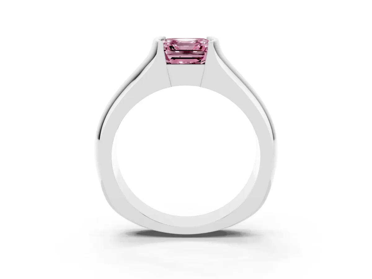 Fancy Pink Asscher Cut Solitaire Bezel Set Diamond Ring with Wide Band Silver