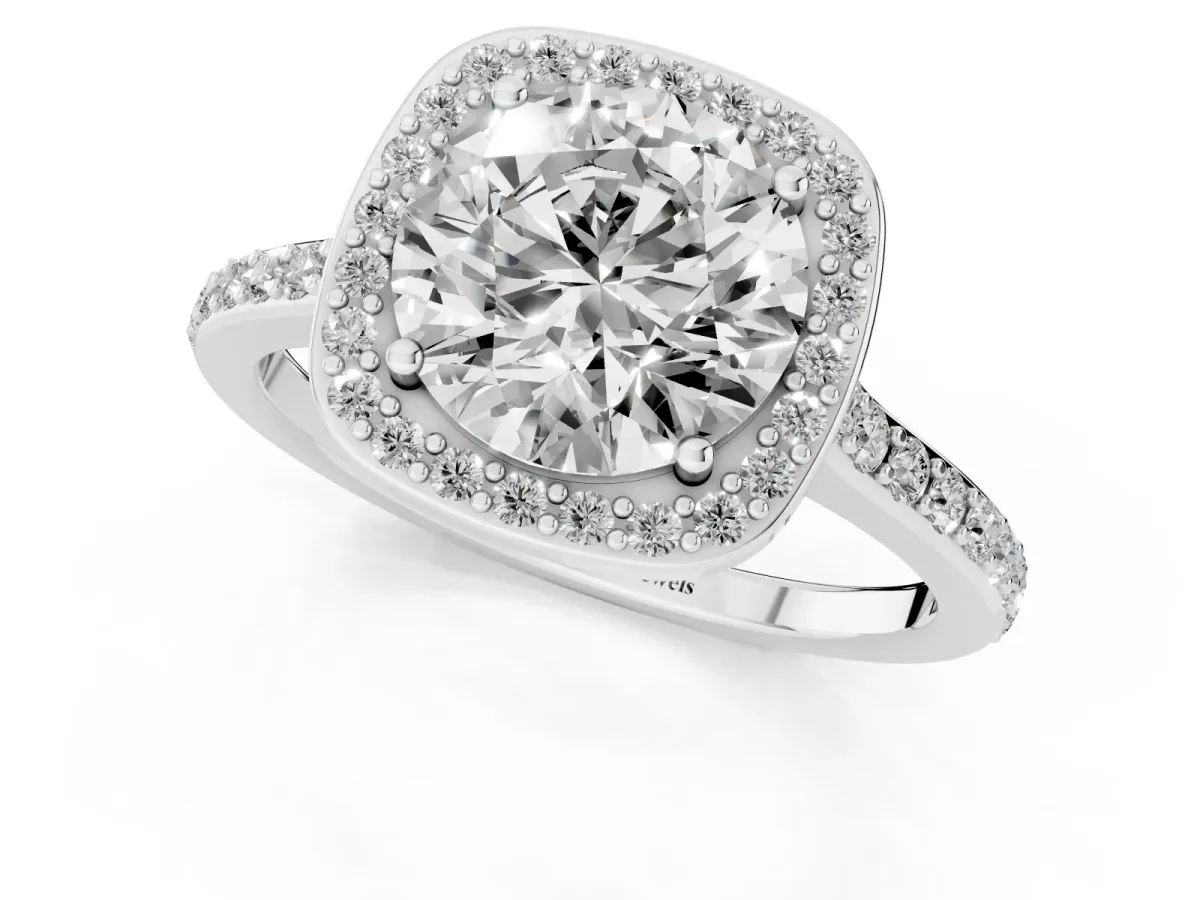 Round Cut Diamond Halo Engagement Ring with Round Pavé Shoulders and Prong Setting Silver