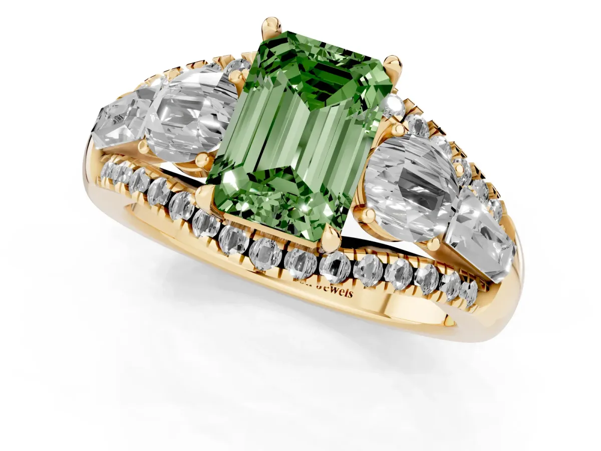 Fancy Green Three-Stone Emerald Cut Diamond Engagement Ring with Pave Band and Prong Setting Yellow gold