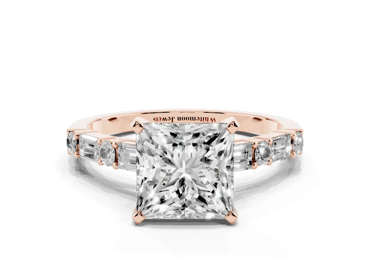 Princess Cut Diamond Solitaire with Side Baguettes and Channel Set Band Rose gold