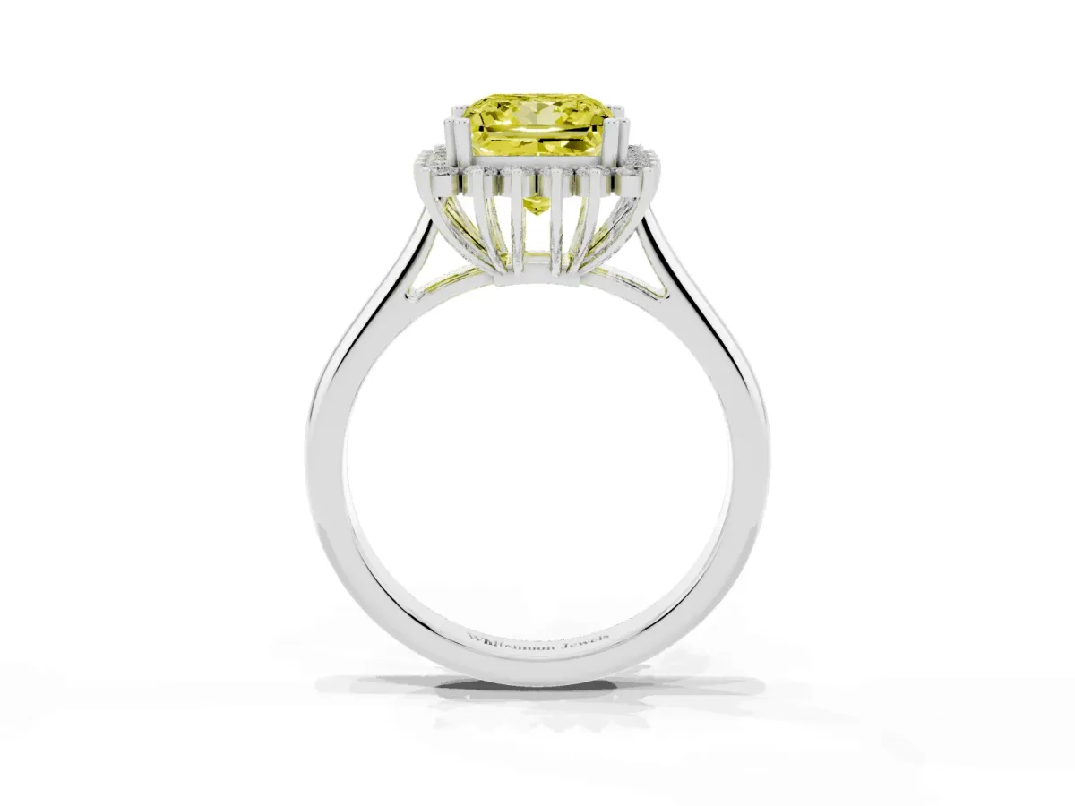 Fancy Yellow Princess Cut Cut Diamond Halo Ring with Solitaire Band and Prong Setting Silver