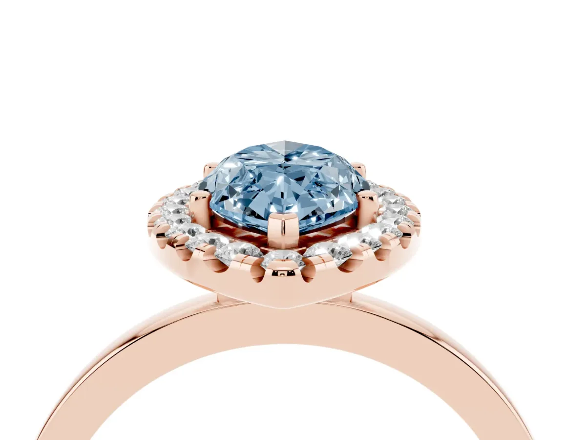 Fancy Blue Marquise Cut Halo Diamond Solitaire with Pavé Band and Four-Prong Setting Rose gold