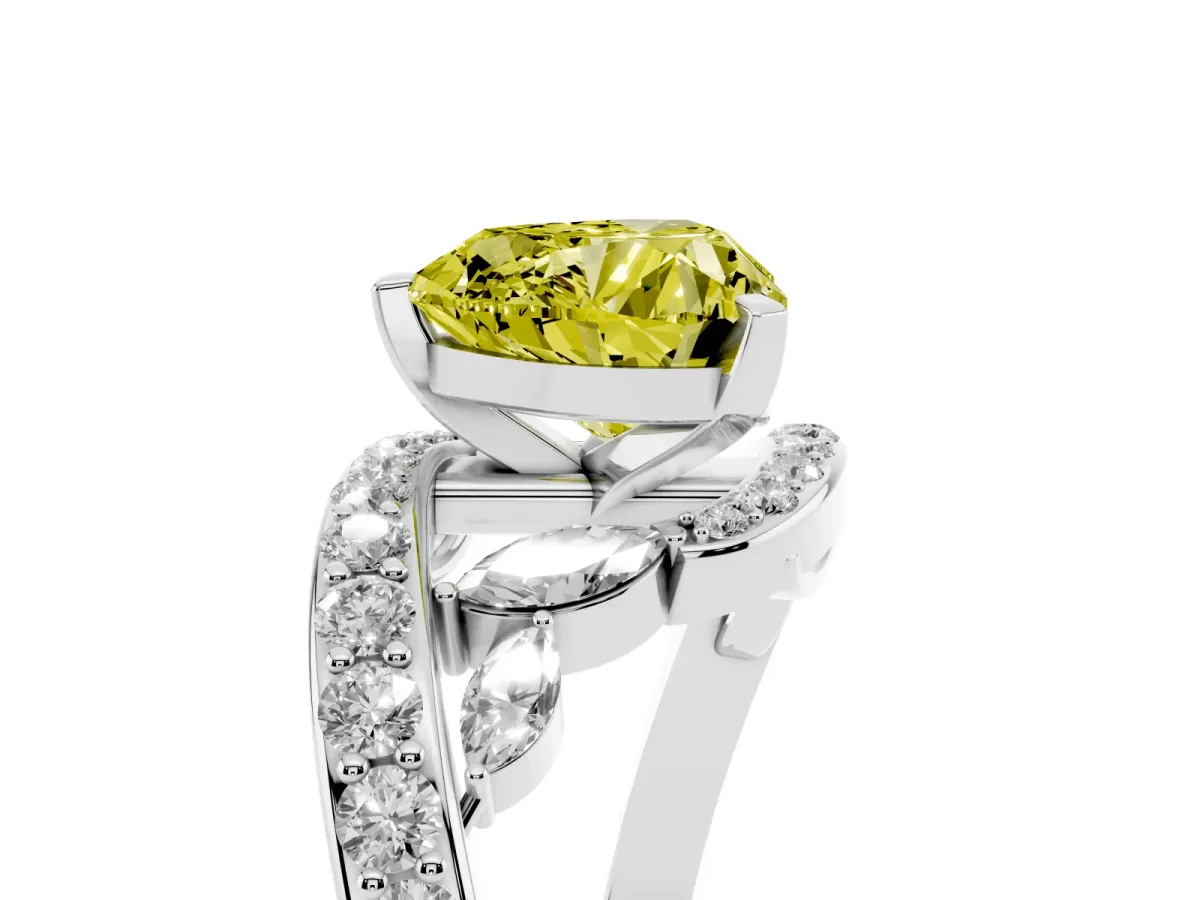 Fancy Yellow Heart Cut Solitaire with Pavé Twist Band and Four-Prong Setting Platinum