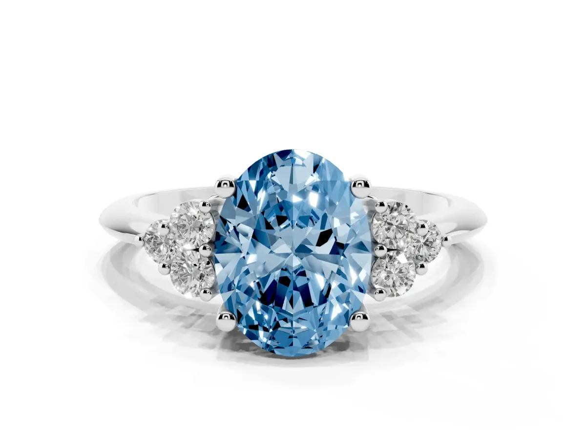 Fancy Blue Oval Cut Cut Diamond Cluster Ring with Solitaire Band and Four-Prong Setting Silver