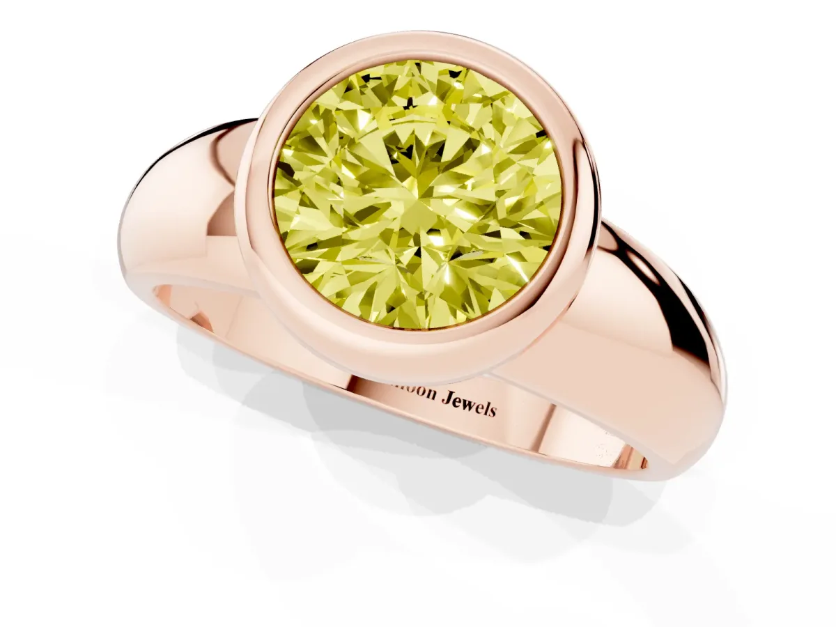 Fancy Yellow Bezel Set Round Cut Solitaire Ring with Wide Band Rose gold