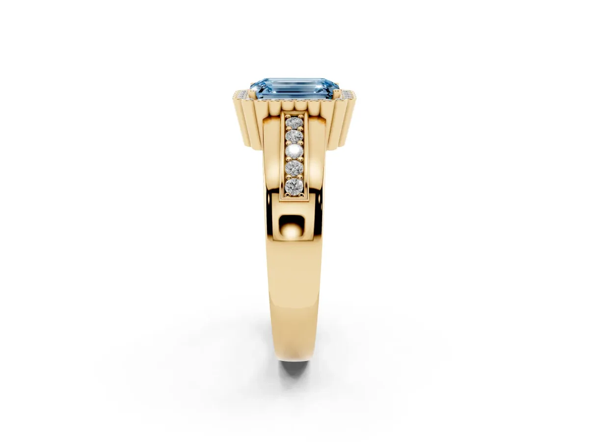 Fancy Blue Emerald Cut Cut Halo Pave Band Four-Prong Ring Yellow gold