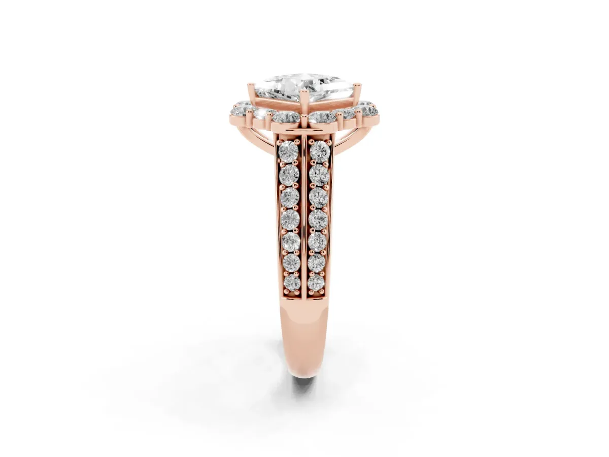 Princess Cut Halo Diamond Engagement Ring with Split Shank and Prong Setting Rose gold
