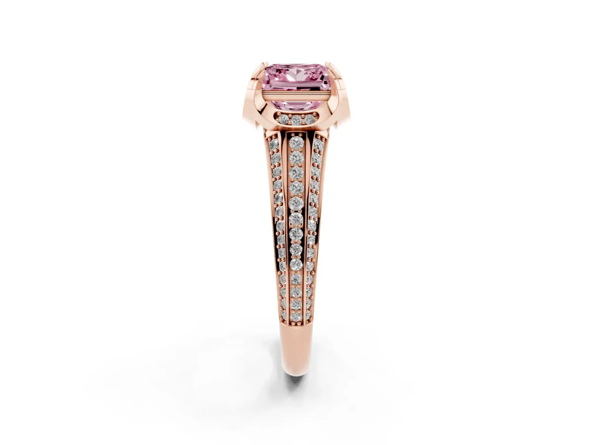 Fancy Pink Princess Cut Solitaire Pave Split Shank Ring with Four-Prong Setting Rose gold