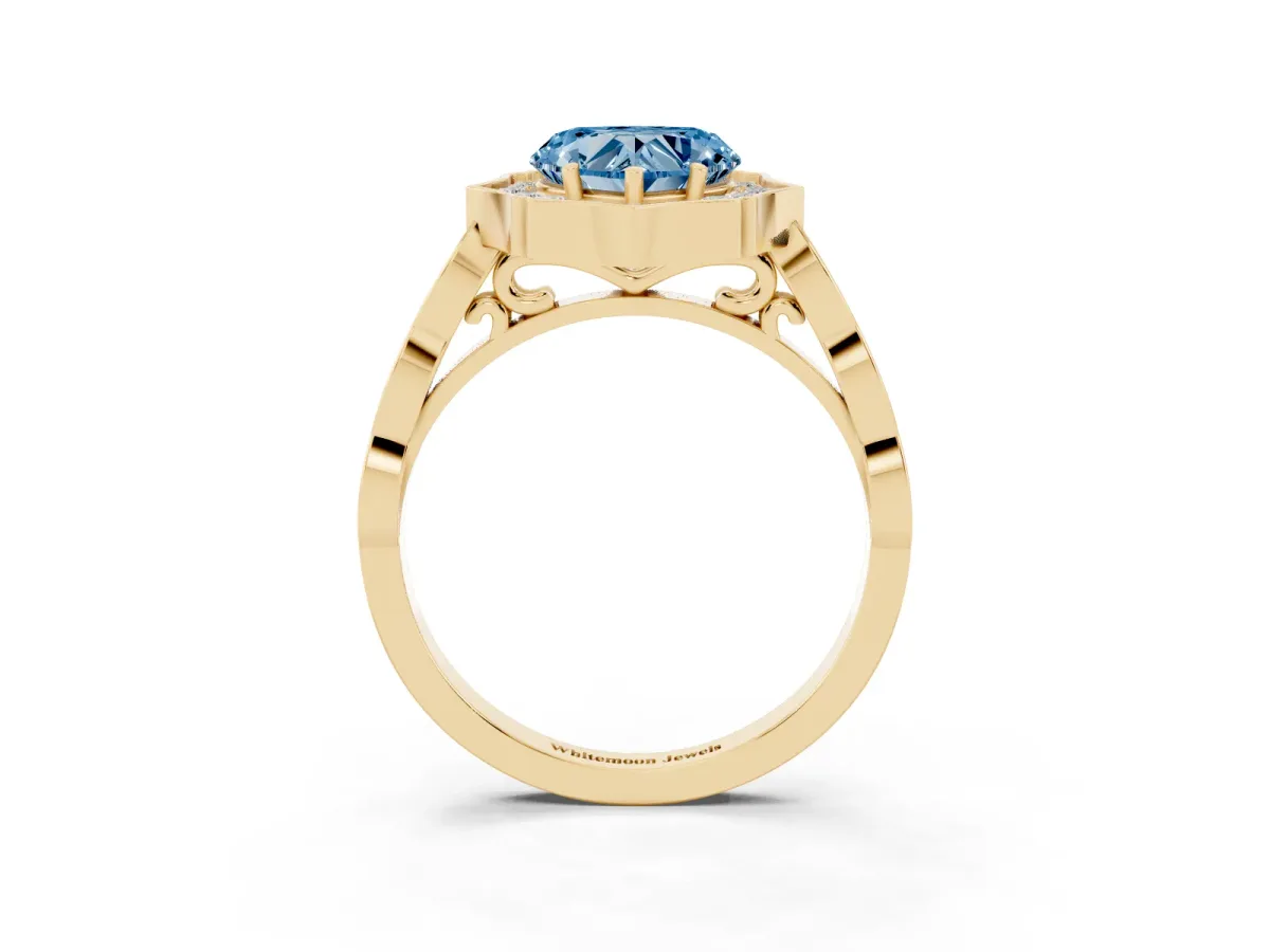 Fancy Blue Heart Cut Halo Diamond Engagement Ring with Milgrain Band and Four-Prong Setting Yellow gold