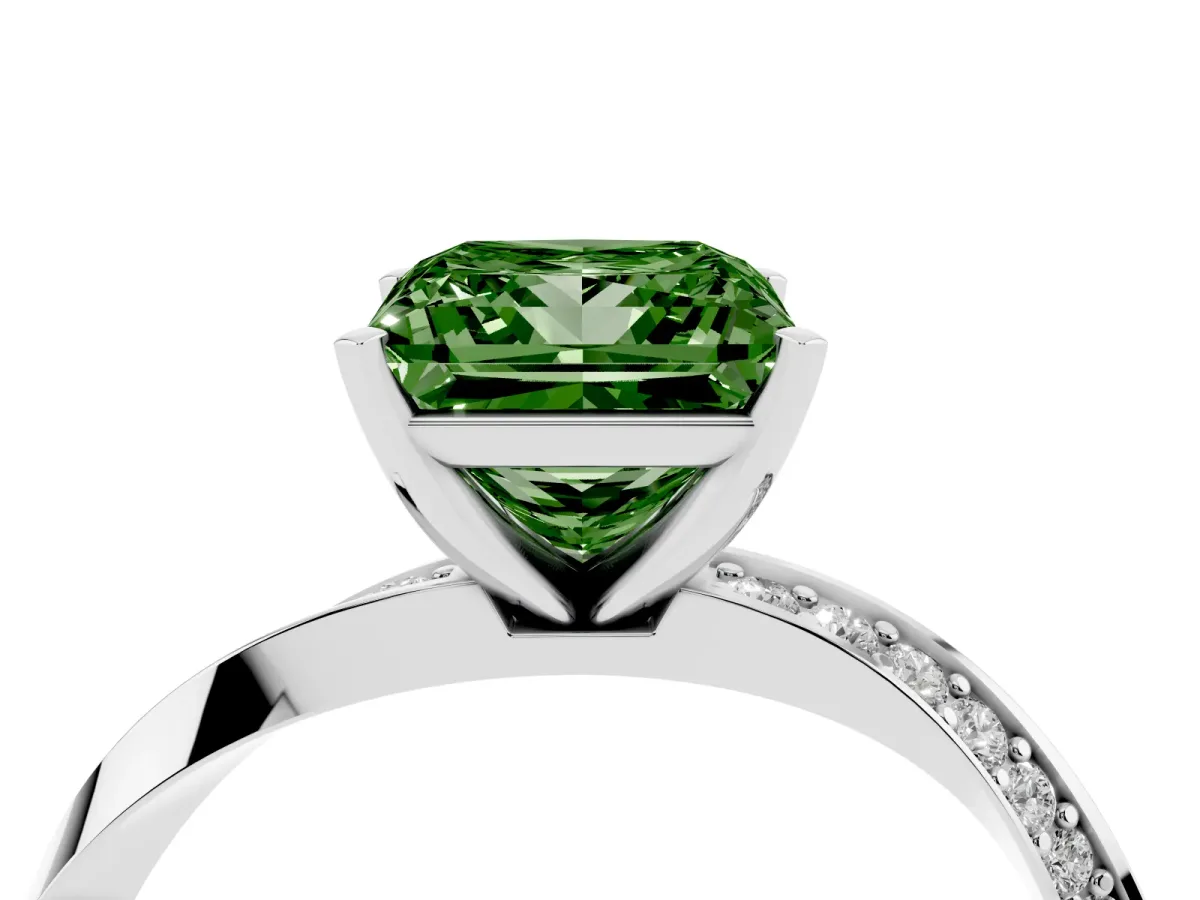 Fancy Green Princess Cut Diamond Engagement Ring with Side Stone Accents and Four-Prong Setting Silver