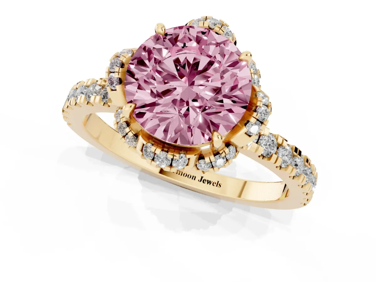 Fancy Pink Round Cut Diamond Halo Pave Band with Four-Prong Setting Yellow gold