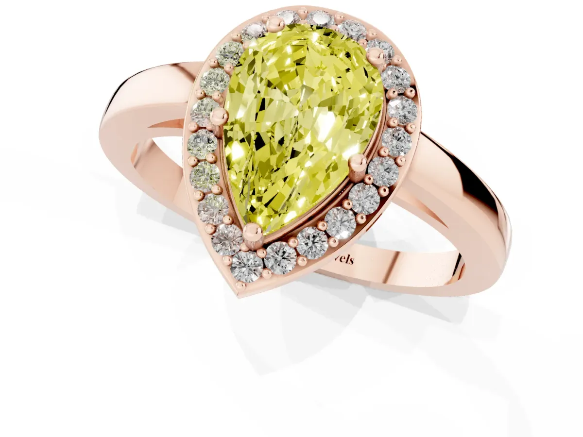 Fancy Yellow Pear Cut Halo Diamond Ring with Solitaire Band and Prong Setting Rose gold