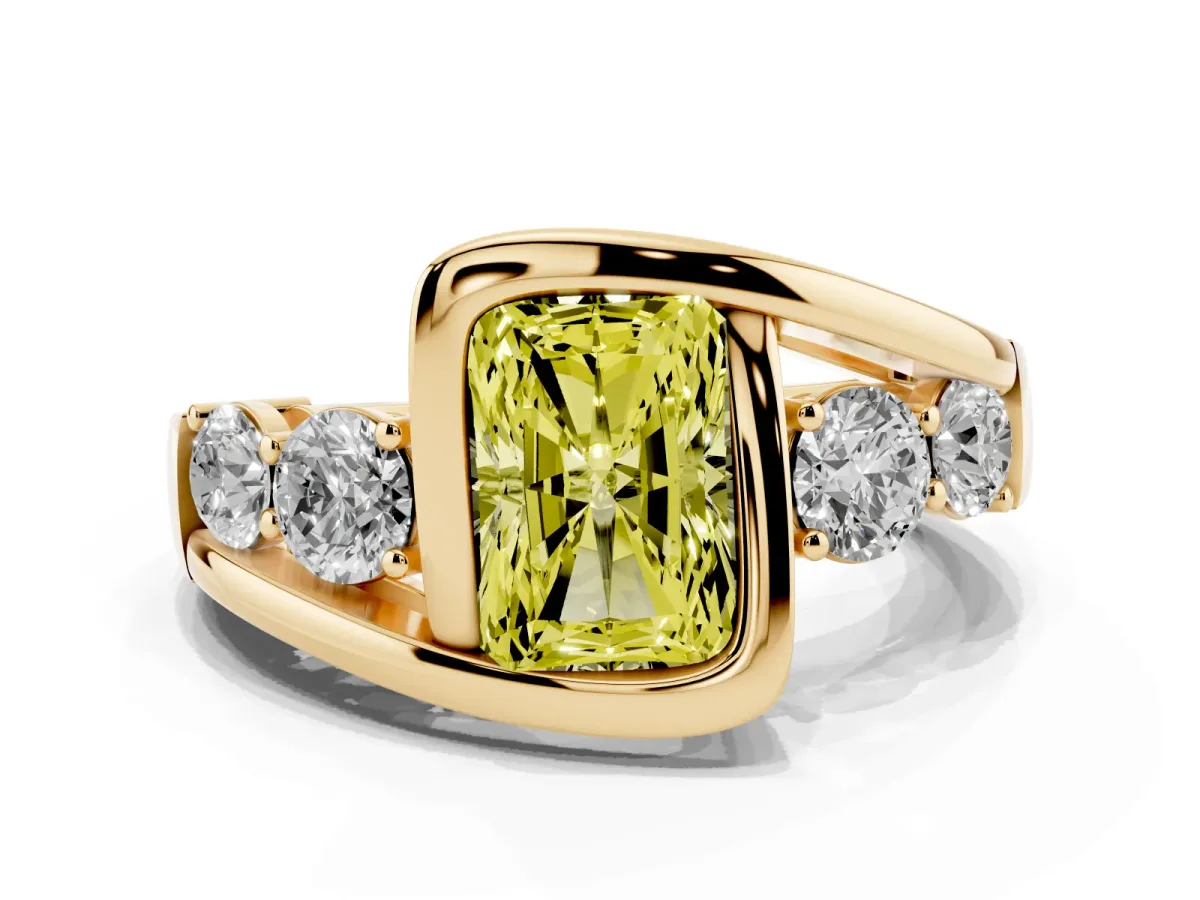 Fancy Yellow Bezel Set Radiant Cut Diamond Bypass Ring with Round Accents Yellow gold