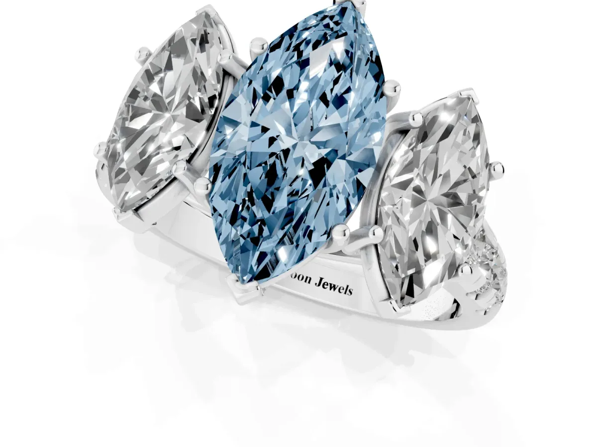 Fancy Blue Three-Stone Marquise Cut Diamond Pavé Band with Prong Setting Platinum