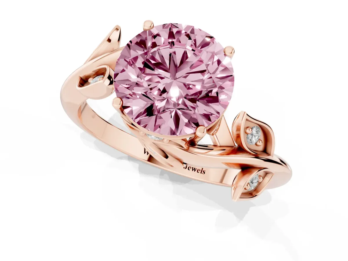 Fancy Pink Round Cut Solitaire Twist Engagement Ring with Leaf Accents and Prong Setting Rose gold