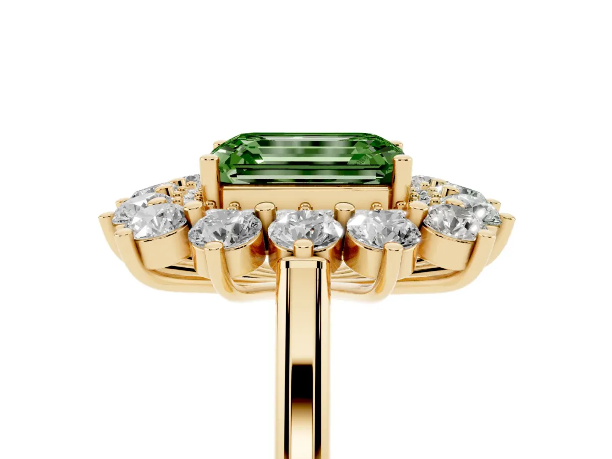 Fancy Green Emerald Cut Diamond Floral Double Halo Engagement Ring with Prong Setting Yellow gold