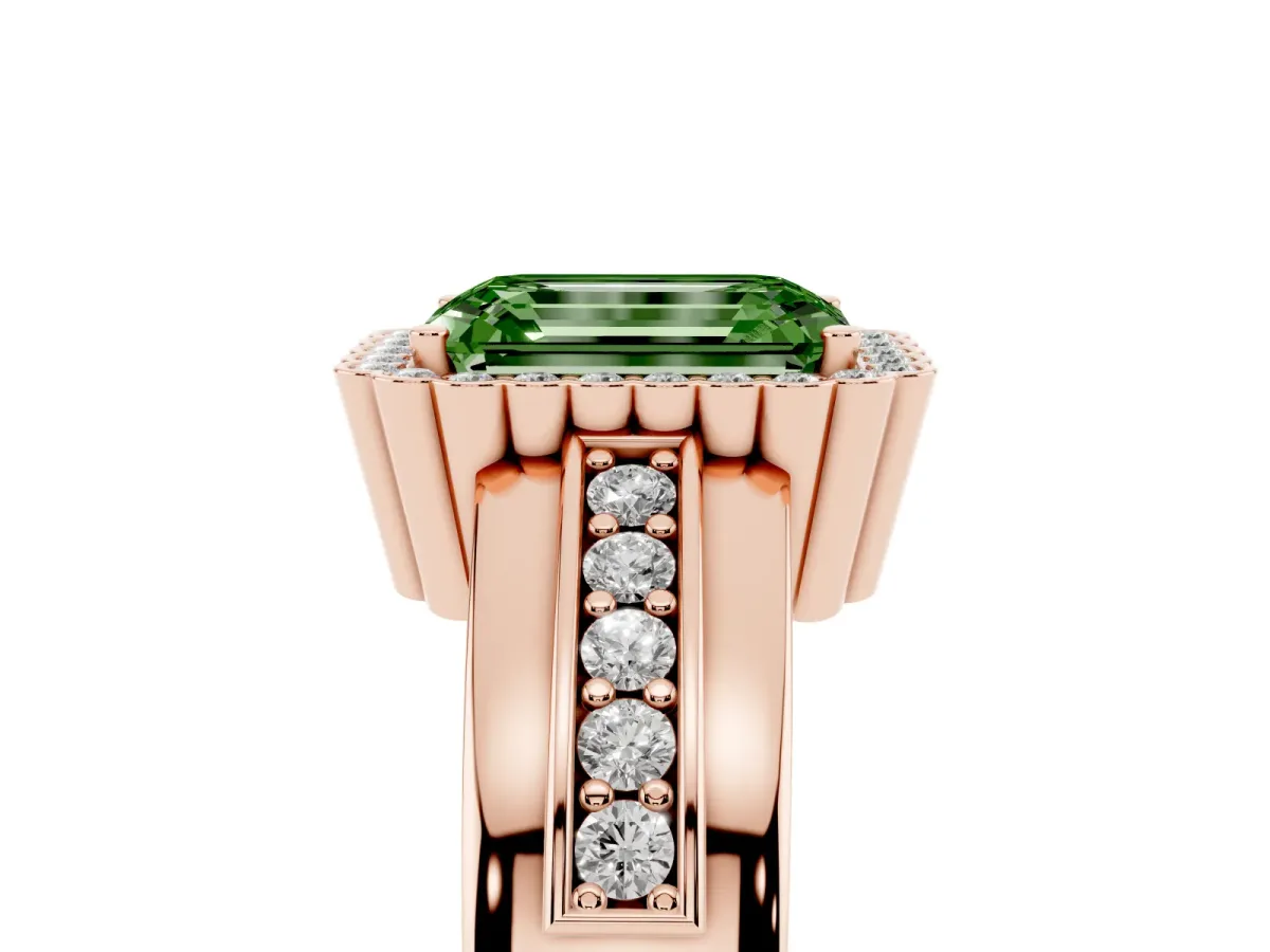Fancy Green Emerald Cut Cut Halo Pave Band Four-Prong Ring Rose gold