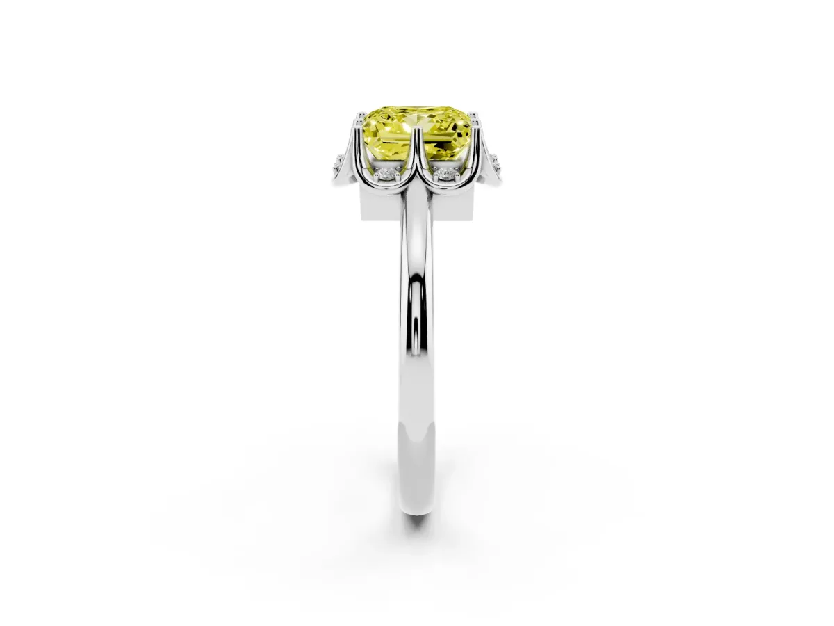 Fancy Yellow Princess Cut Halo Diamond Ring with Round Cluster Setting, Solitaire Band, and Four-Prong Setting Silver